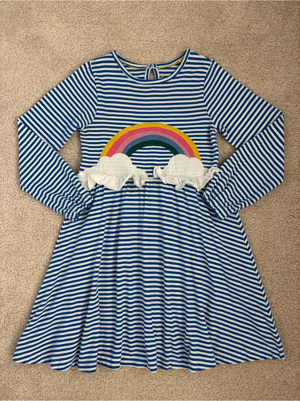 Mini Boden blue striped rainbow appliqué dress, size 7/8